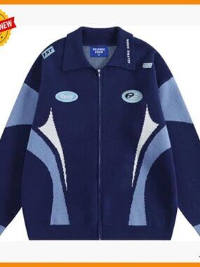 Oversized Zip Up Cardigan with Racing Patchwork Graphic Y2K Style